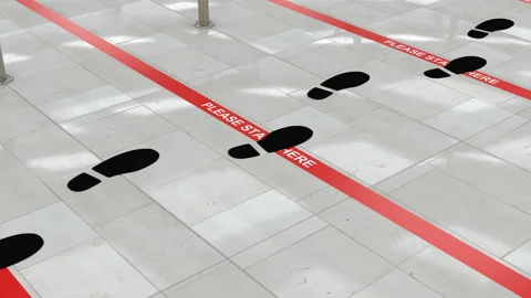 Red queue lines and keeping social distancing in the public places, loop concept Stock Footage 134589663