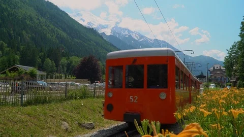 The red rack railway train to Mer de Glace Stock Footage 116734588