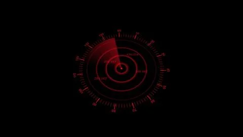 Red radar screen display with concentric circles and numbers on black backg.. Stock Illustration
