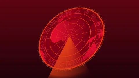 Red Radar Screen Displaying World Map and Sector Scan earth. Interactive re.. Stock Footage 321587674