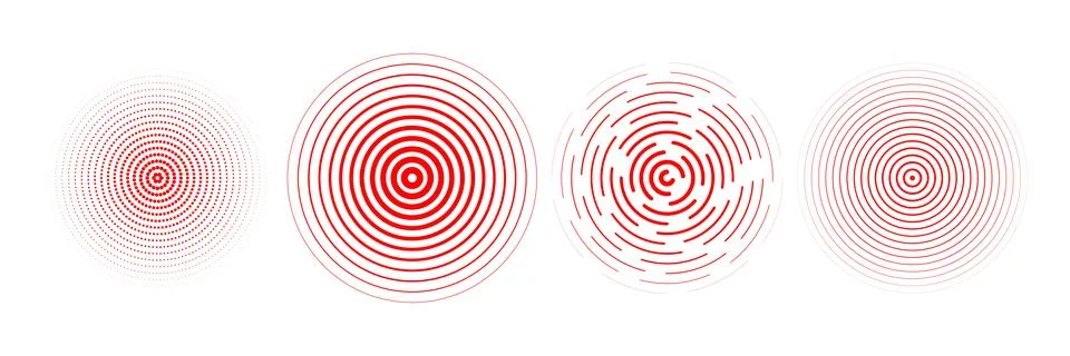 Red radial concentric circle set. Rippled, dashed and dotted rings for epicenter Stock Illustration