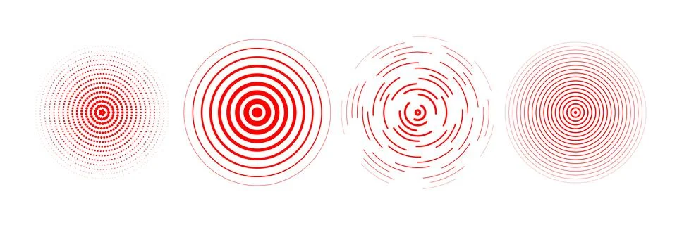 Red radial concentric circle set. Rippled, dashed and dotted rings pack for Stock Illustration