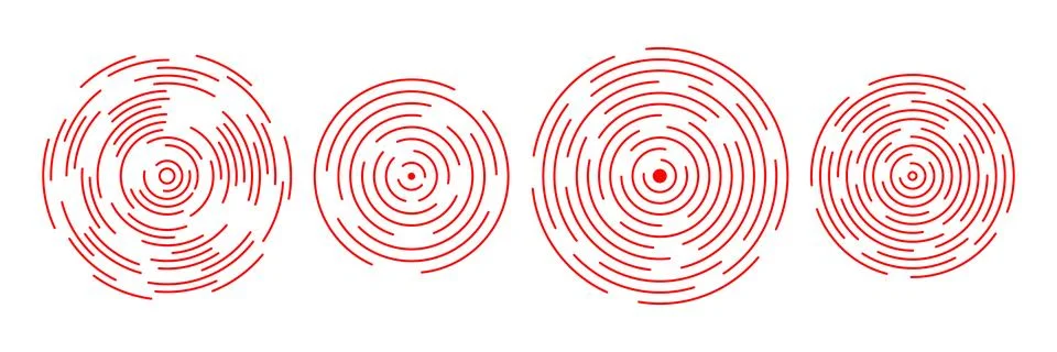 Red radial concentric circle set. Sound wave signal collection. Expansive Stock Illustration