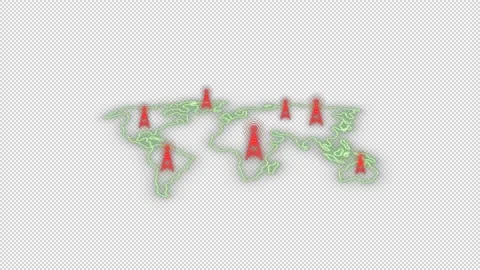 Red radio waves signal with multiple network tower in world map Video stock 211795295