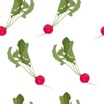 Red radish, Seamless pattern. Vegetable with green leaves. Stock Illustration