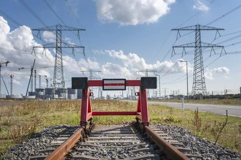 Red railroad buffer end to destination in the europoort holland, rotterdam Stock Photos