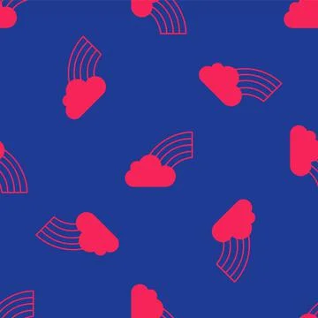 Red Rainbow with cloud icon isolated seamless pattern on blue background. Happy Stock Illustration