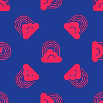 Red Rainbow with cloud icon isolated seamless pattern on blue background. Vector Stock Illustration