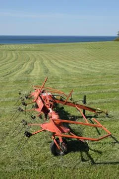 Red rake for making windrows on farmers field near Nova Scotia shoreline. Stock Photos