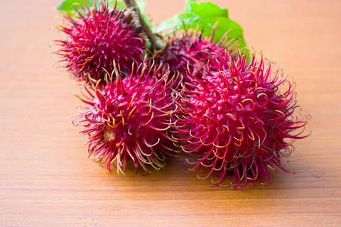 Red rambutan on a brown table background Stock Photos