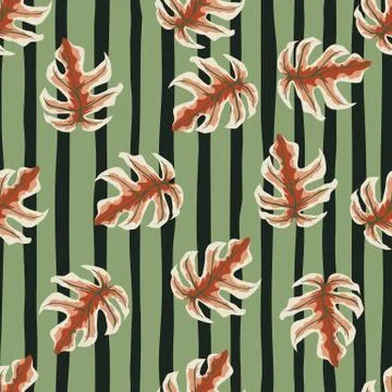 Red random monstera leaf ornament seamless pattern. Striped backgrouns with g Stock Illustration