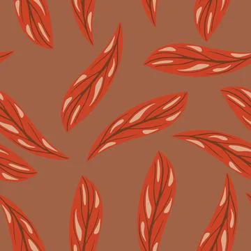 Red random simple doodle leaf seamless pattern in hand drawn style. Beige bac Stock Illustration