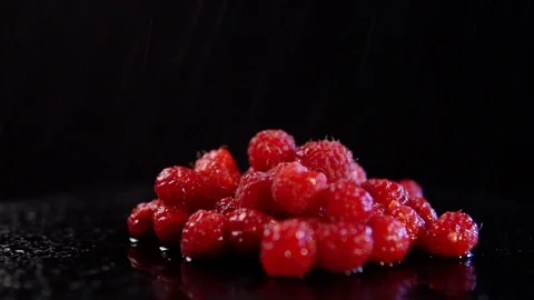 Red raspberries turn on a black background. Stock Footage 94232403