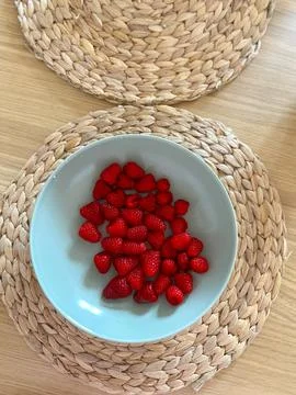 Red raspberry berry in plate on table top view. Fruit berries background. Sum Stock Photos