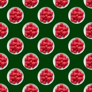Red raspberry on a green background. Top view, raspberry pattern Stock Photos