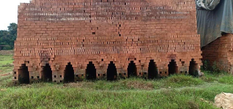 Red raw bricks stack in a row , coconut trees 스톡 사진