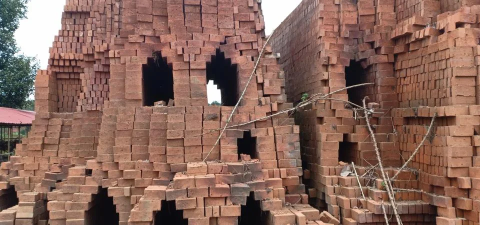 Red raw bricks stack in a row , coconut trees Foto stock