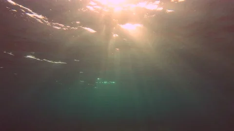 Red rays of the setting sun penetrate the surface of the water, Underwater shot Stock Footage 232487623