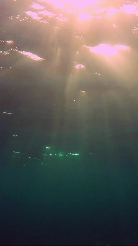 Red rays of the setting sun penetrate the surface of the water, Underwater shot Stock Footage 232765160