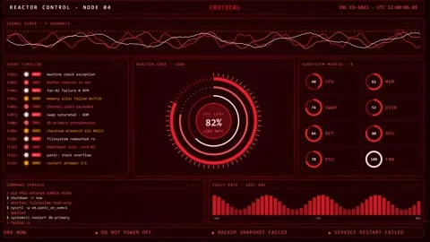 Red Reactor Control Panel Meltdown Warning Interface With System Crash Alert. Stock Footage 348230795