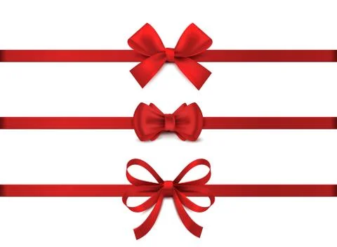 Red realistic bow. Horizontal red ribbon collection. Holiday gift decoration Stock Illustration