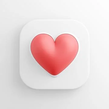 Red realistic heart icon, square white button. 3d rendering. Stock Illustration