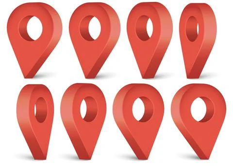 Red realistic map pointer. Location symbols vector set isolated on white back Illustration