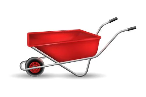Red realistic wheelbarrow. Working device for hauling trash and helping with Stock Illustration