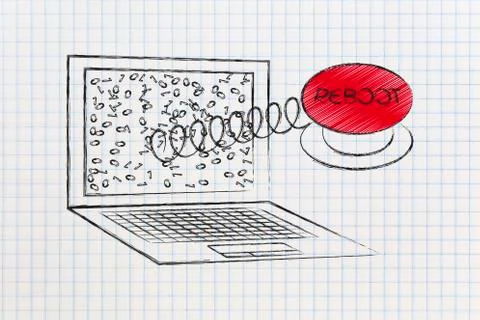 Red reboot button coming out of laptop screen on a spring Stock Photos