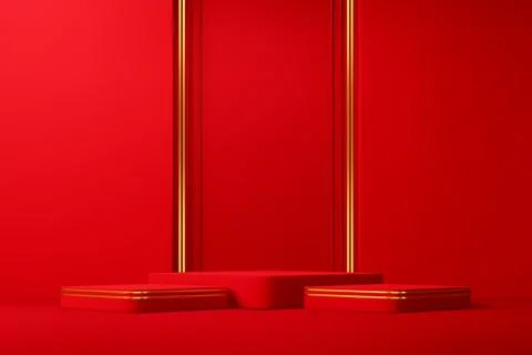 Red rectangle Chinese podium stage with gold lines Stock Illustration