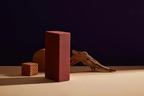 Red rectangle stone podium or pedestal for product showcase with tree branch  Foto stock