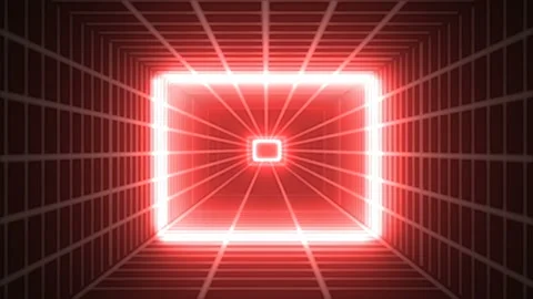 Red Rectangular Laser Flashes Flying Fast Inside Retro Grid Of Cyber Tunnel Video stock 118238798