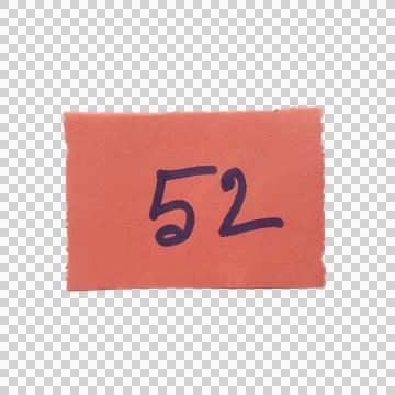 Red rectangular paper note with number fifty two handwritten in black marke.. Фото