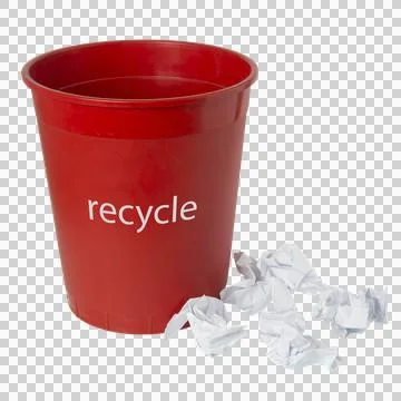 A red recycling bin sits next to a pile of crumpled paper balls Fotos Stock