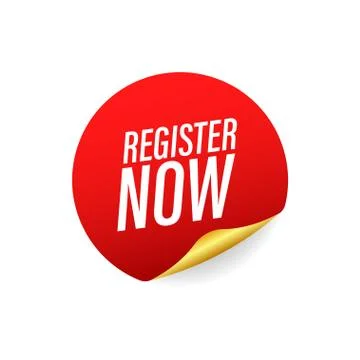 Red register now sticker on white background. Vector stock illustration. Stock Illustration