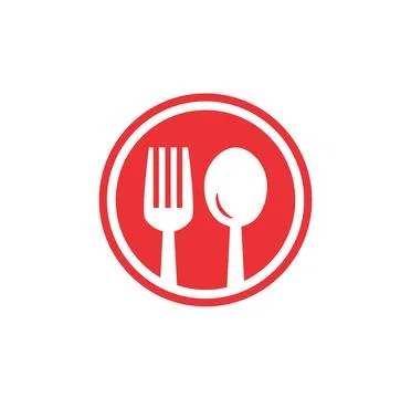 Red restaurant circle fork and spoon vector logo and icon Stock Illustration