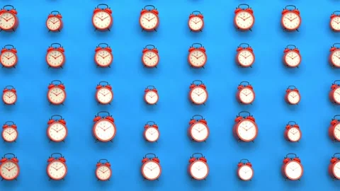 Red retro alarm clock, wake up time and morning alert symbol Stock Footage 144454671