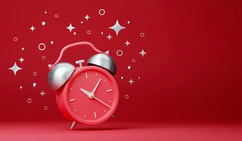 Red retro ringing alarm clock with white stars on red background. Vintage design Stock Illustration