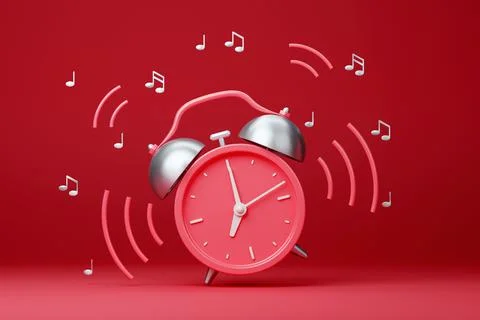 Red retro ringing alarm clock with sound waves on red background Stock Illustration