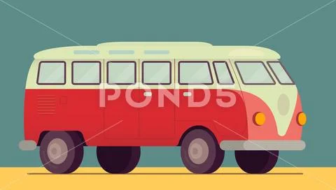 Red retro van car - 1950-1970, seventies, sixties. On the beach sand, summer Stock Illustration