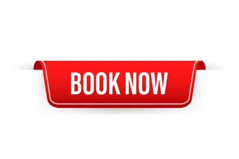Red ribbon on book now text on white background. Promotion sign. Vector stock Stock Illustration