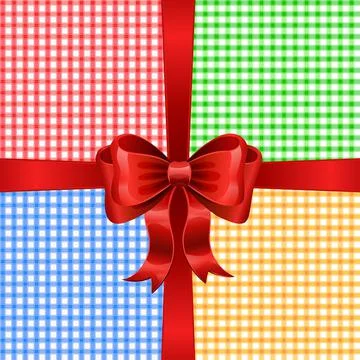 Red ribbon with bow on a four seamless pattern in country style. Vector Stock Illustration