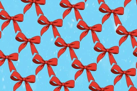 Red ribbon bows seamless pattern on blue background. Stock Illustration