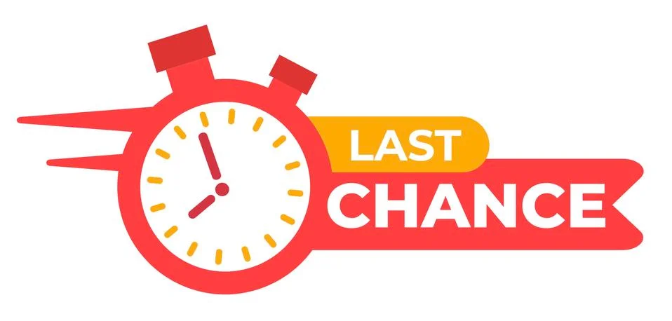 Red ribbon with clock and last chance seal. Sale banner with countdown alarm Stock Illustration