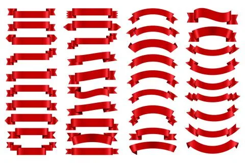 Red Ribbon Collection Flat Vector. Waving Ribbon Banners Set Vector. Stock Illustration