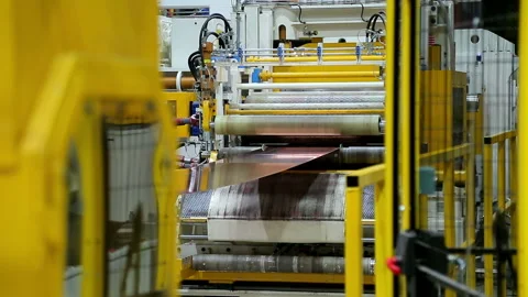 The red ribbon of the copper sheet moves in the machine the General plan Stock Footage 103848920