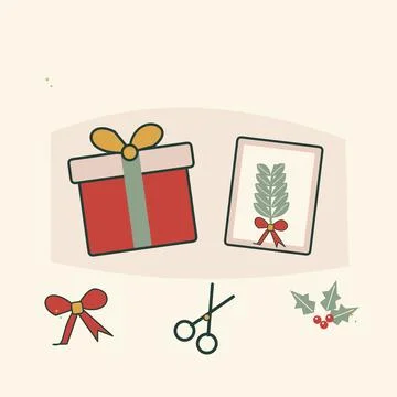Red ribbon gift box with handmade greeting card. Decorative flat vector compo Stockillustratie