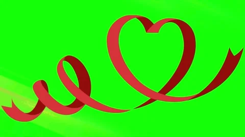 Red ribbon heart shape animation against vibrant green background for romantic Stock Footage 343813670