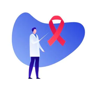 Red ribbon with scientist man with pointer on abstract blue background. Stock Illustration