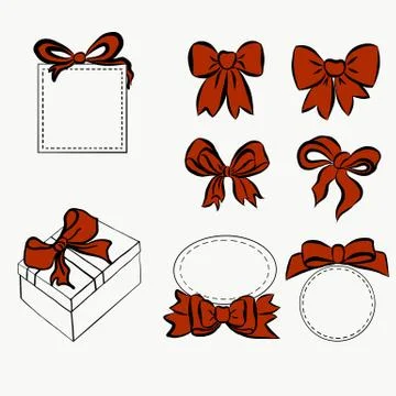 Red ribbon set. bow for decorating various item, vintage bow and boxes, gift and Stock Illustration